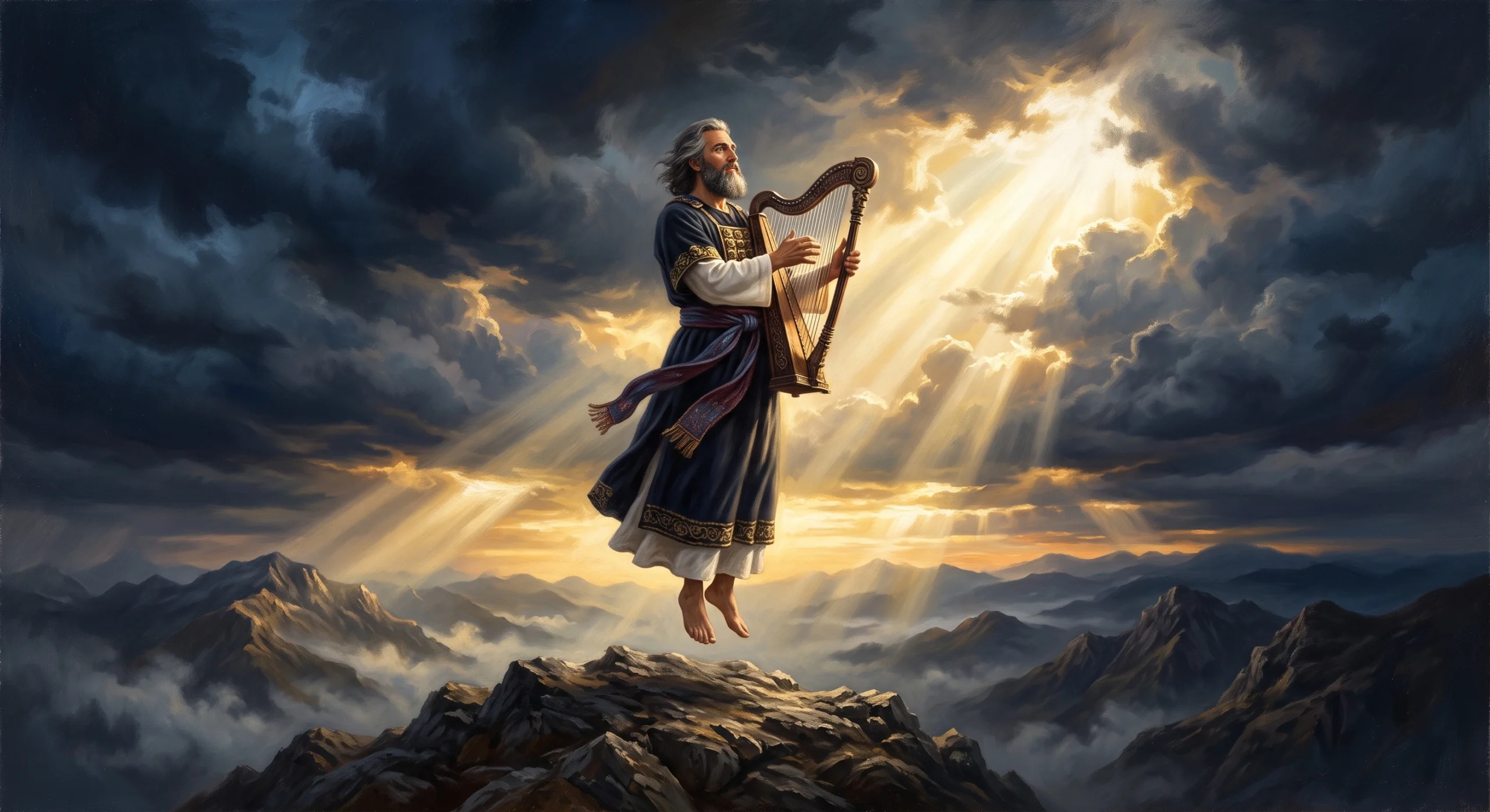 Adorador no topo de uma montanha ao amanhecer representando o louvor como arma espiritual no mundo invisível.