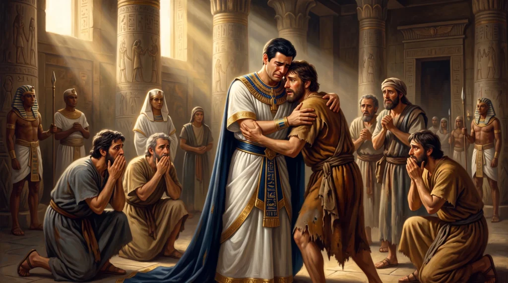 José do Egito perdoando seus irmãos em lágrimas no palácio, ilustrando o estudo bíblico de Gênesis 45:5 e a soberania divina
