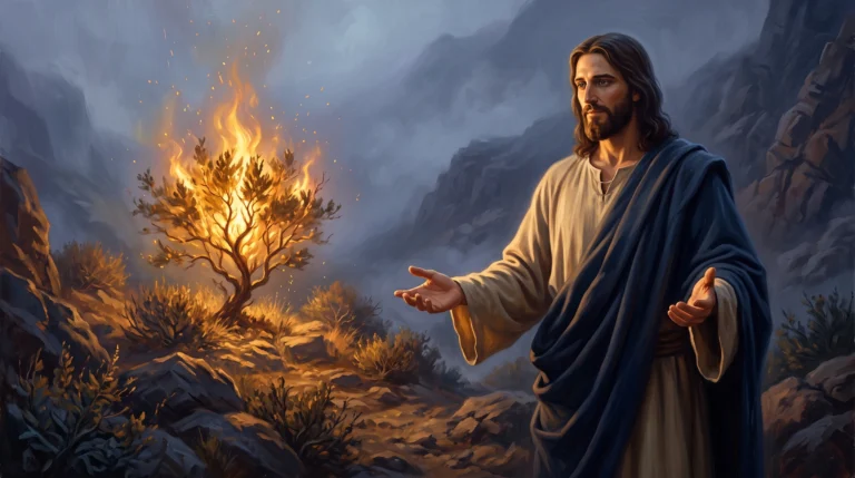 esus Cristo majestoso iluminado pela luz de uma sarça ardente, representando a revelação de o Grande Eu Sou nas Escrituras.