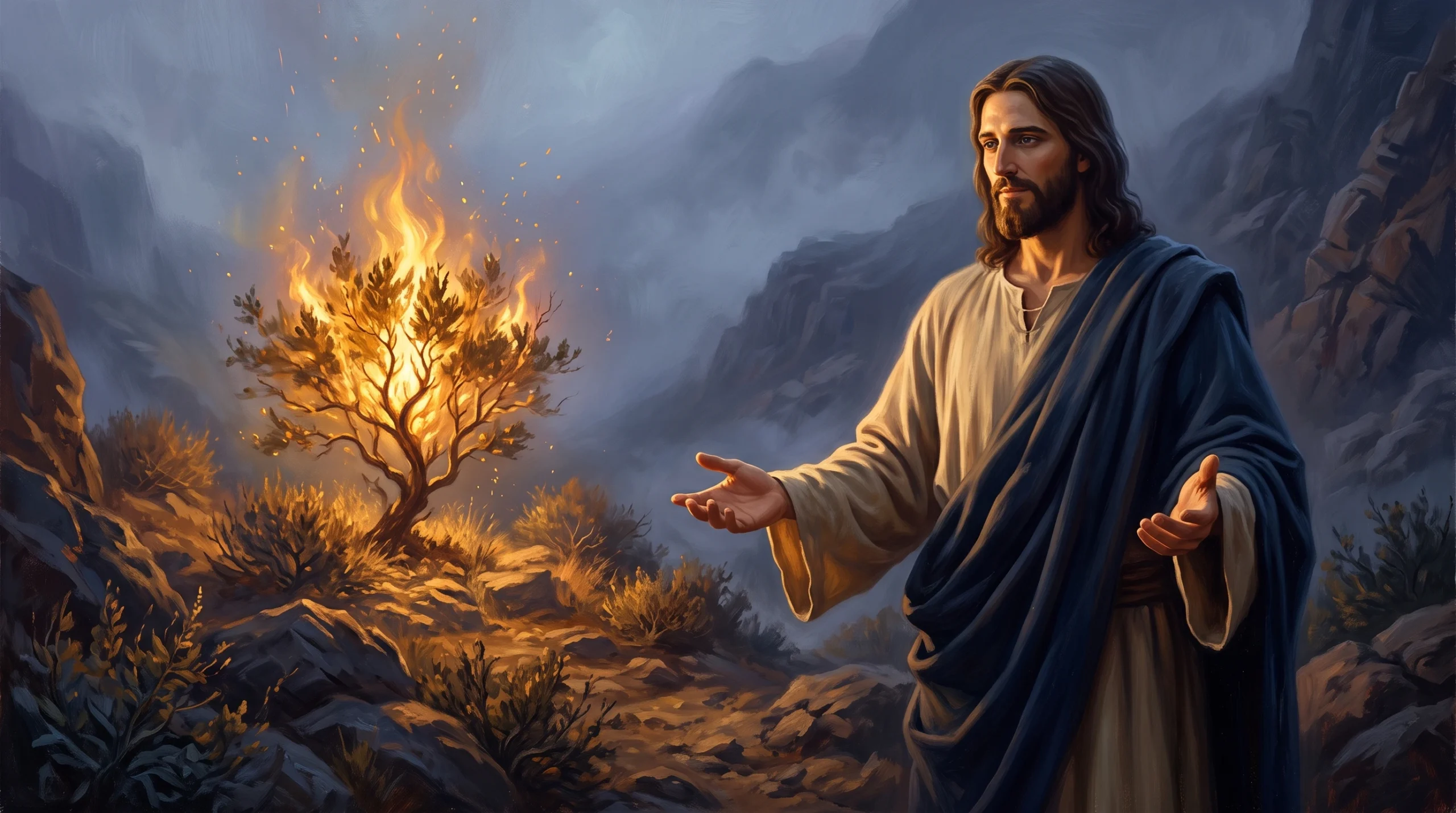 esus Cristo majestoso iluminado pela luz de uma sarça ardente, representando a revelação de o Grande Eu Sou nas Escrituras.